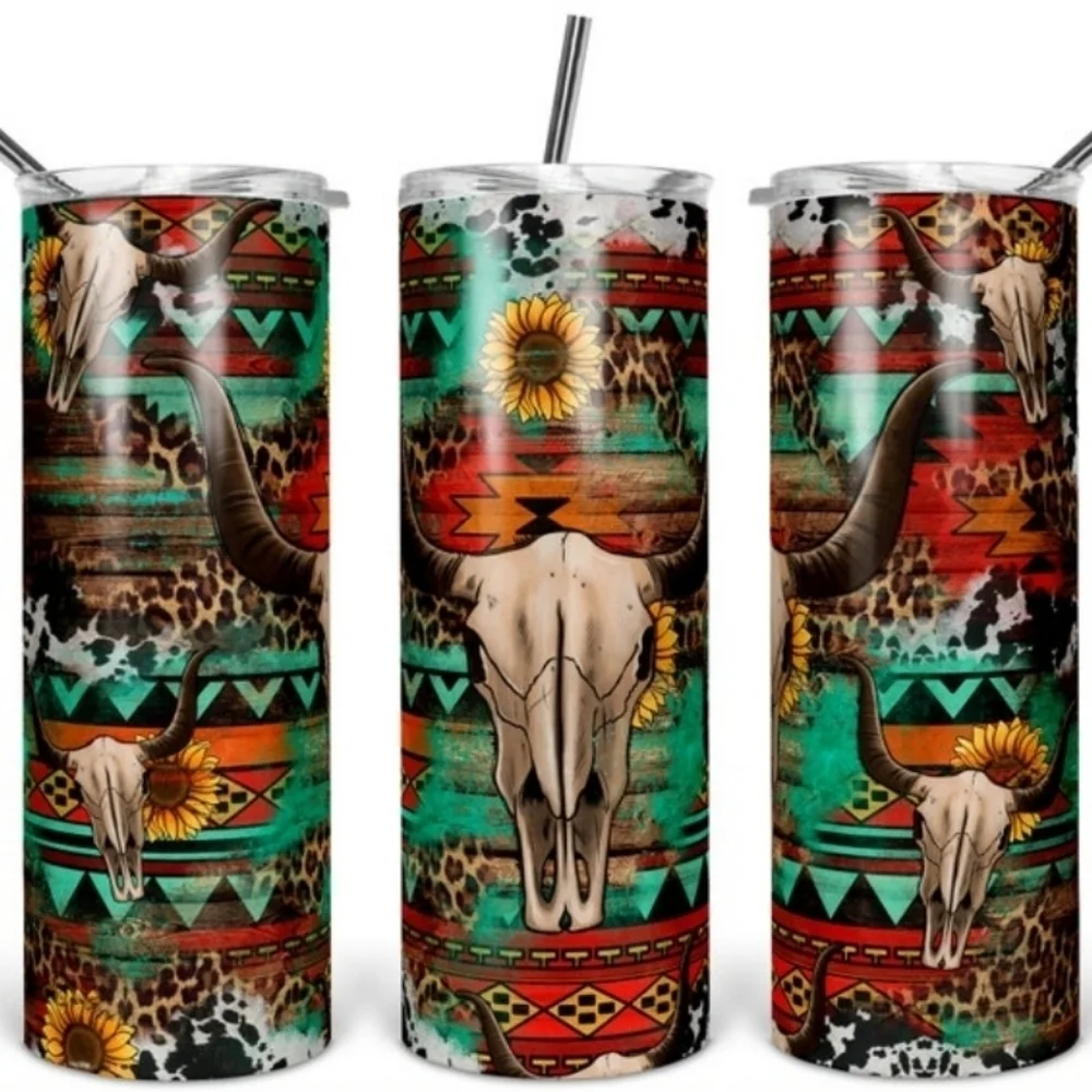Colorful Tribal Skull Tumbler with Straw 30 ounce